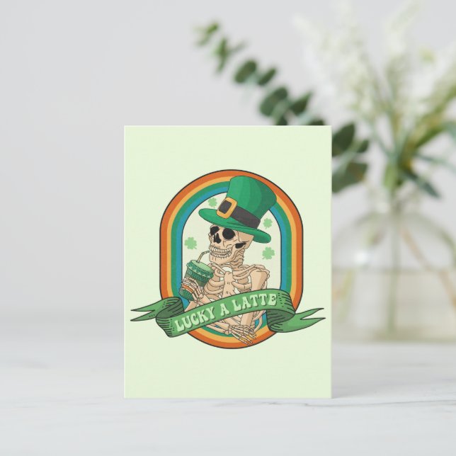 Lucky A Latte - Skeleton, Coffee and Clovers Postcard (Standing Front)