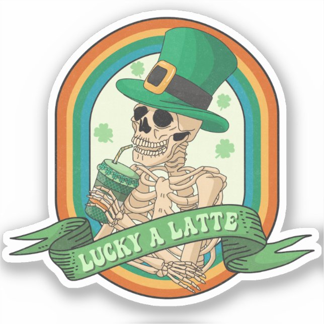 Lucky A Latte - Skeleton, Coffee and Clovers Sticker (Front)