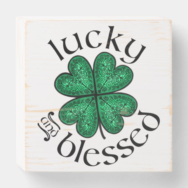 Lucky and Blessed hand-painted Irish shamrock Wooden Box Sign (Front Horizontal)