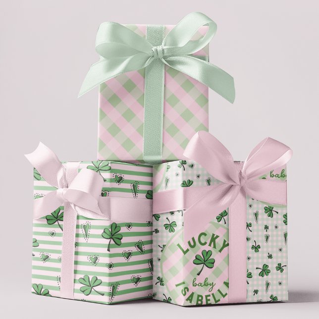 Lucky Baby Pink and Green St Paddys  Wrapping Paper Sheets (Cute Lucky Baby Personalized Pink & Green Gift Wrap. Baby Girl, New Baby, Baby Shower, 1st Birthday.)