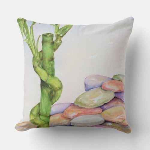 LUCKY BAMBOO PLANT AMID COLORED ROCKS PATIO OUTDOOR PILLOW