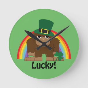 Lucky Bigfoot Leprechaun Round Clock