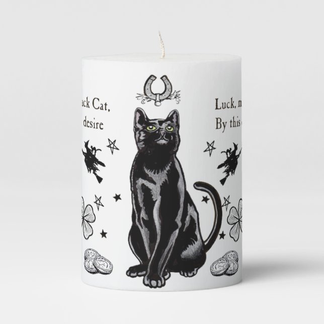 Lucky Black Cat Pillar Candle (Front)