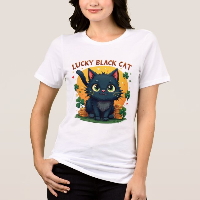 Lucky Black Cat: St. Patrick's Day Clover & Coins  Tri-Blend Shirt (Front)