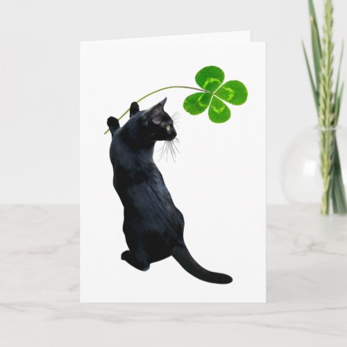 Lucky Black Cat with 4 Leaf Clover Card