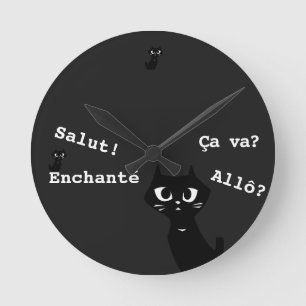 Lucky Black Cats Greeting in French Round Clock