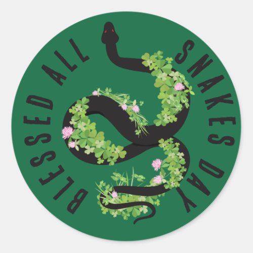 Lucky Black Serpent in Clover All Snakes Day Classic Round Sticker