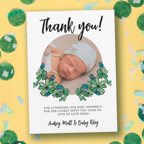 Lucky Blue Clovers Photo Boy Baby Shower Thank You Card