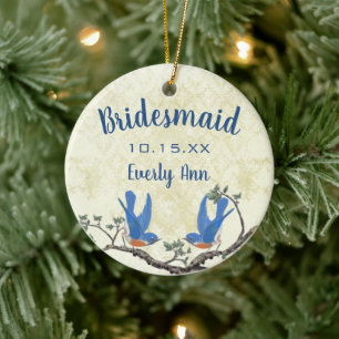 Lucky Bluebird Floral Vintage Lovebird Bridesmaid Ceramic Ornament