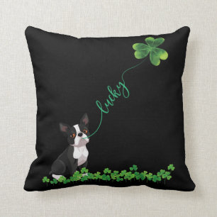Lucky Boston Terrier Dog Shamrock St Patrick day T Throw Pillow