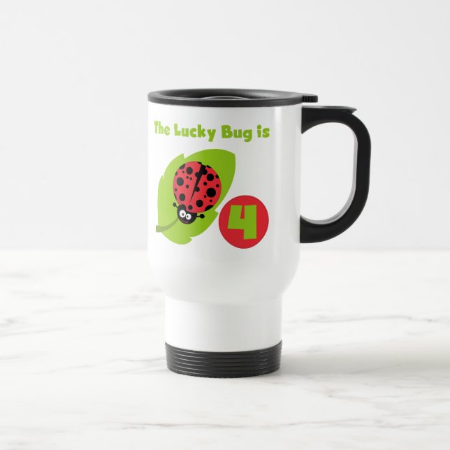 Lucky Bug 4th Birthday T-shirts and Gifts Travel Mug (Right)