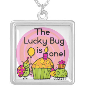 Lucky Bug Cupcake 1st Birthday Tshirts and Gifts Silver Plated Necklace