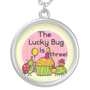 Lucky Bug Cupcake 3rd Birthday Tshirts and Gifts Silver Plated Necklace