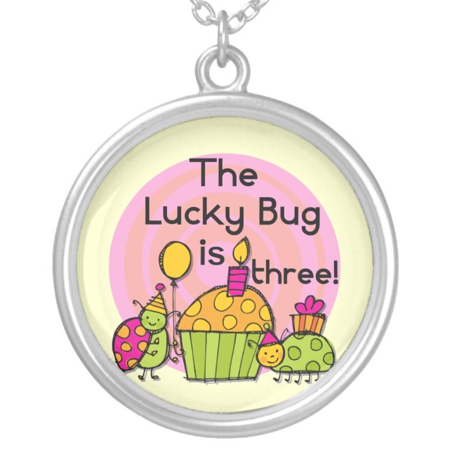 Lucky Bug Cupcake 3rd Birthday Tshirts and Gifts Silver Plated Necklace (Front)
