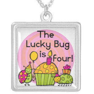 Lucky Bug Cupcake 4th Birthday T-shirts and Gifts Silver Plated Necklace