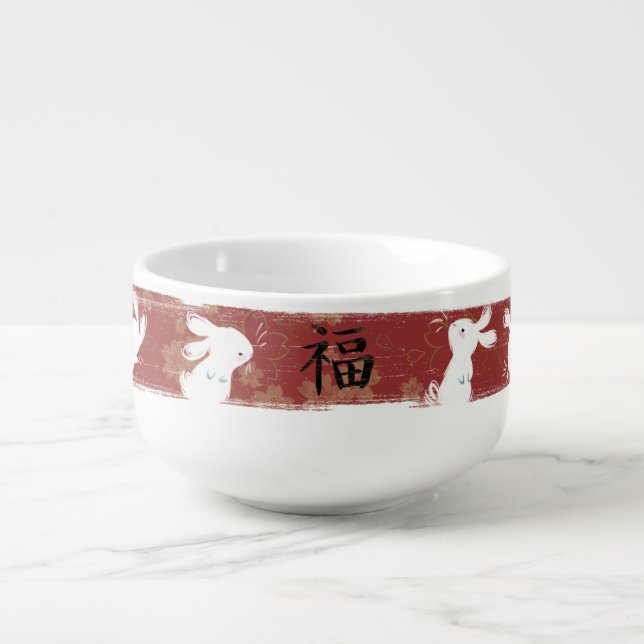 Lucky Bunnies Brushstroke Soup Bowl (Red) (Front)
