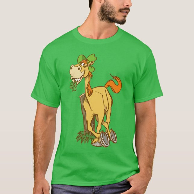 Lucky Cartoon Horse on St Patrick's Day T-shirt (Front)