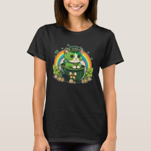 Lucky Cat and Pot Rainbow Shamrock St Patrick s Da T-Shirt
