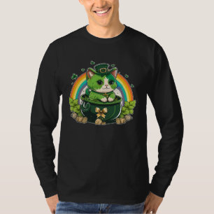 Lucky Cat and Pot Rainbow Shamrock St Patrick s Da T-Shirt