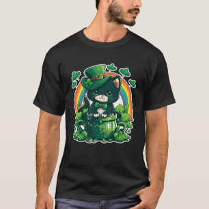 Lucky Cat and Pot Rainbow Shamrock St Patrick s Da T-Shirt