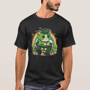 Lucky Cat and Pot Rainbow Shamrock St Patrick s Da T-Shirt