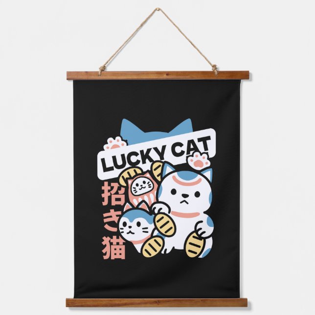 Lucky Cat Art – Maneki Neko with Gold Coin Hanging Tapestry (Front)