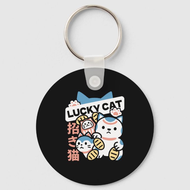 Lucky Cat Art – Maneki Neko with Gold Coin Keychain (Front)