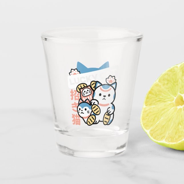 Lucky Cat Art – Maneki Neko with Gold Coin Shot Glass (Front)