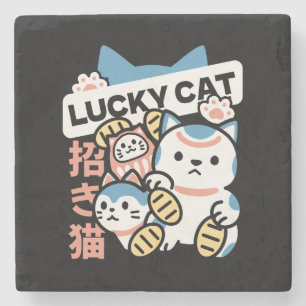 Lucky Cat Art – Maneki Neko with Gold Coin Stone Coaster