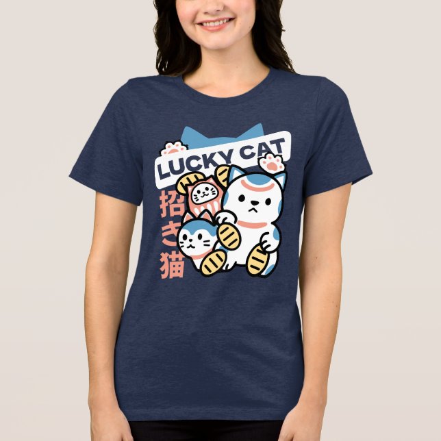 Lucky Cat Art – Maneki Neko with Gold Coin Tri-Blend Shirt (Front)