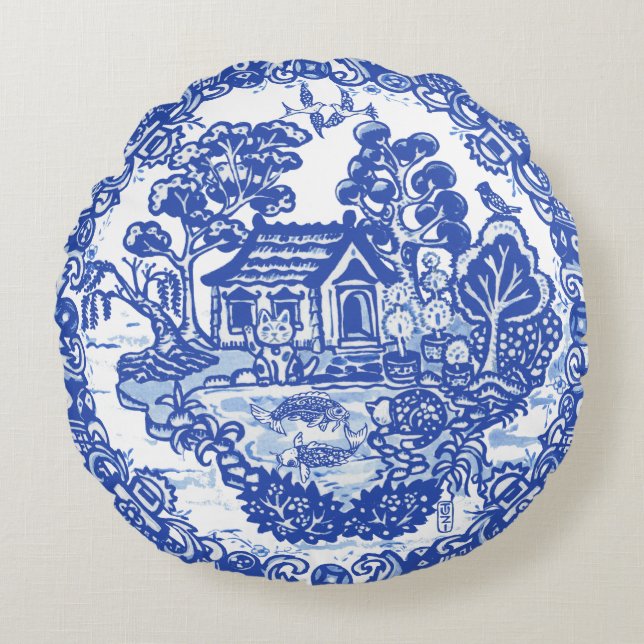 Lucky Cat Blue Willow Koi Bird Asian Pagoda Garden Round Pillow (Front)