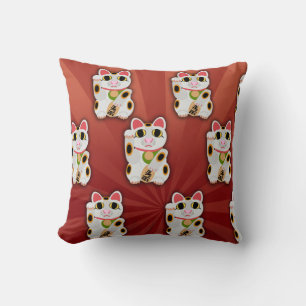 Lucky Cat Cartoon Fortune Pet White Kitty Art Throw Pillow