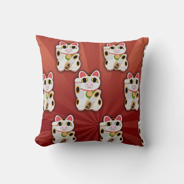 Lucky Cat Cartoon Fortune Pet White Kitty Art Throw Pillow (Front)