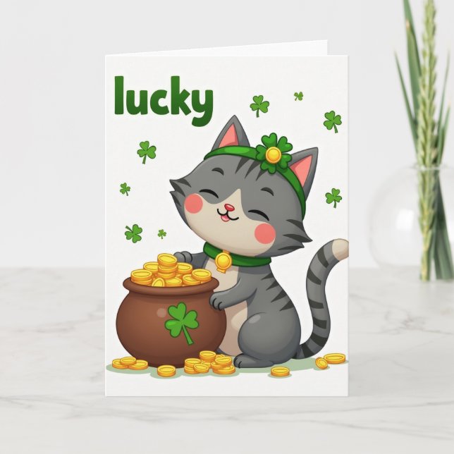Lucky Cat Gold Pot Greeting Card (Front)