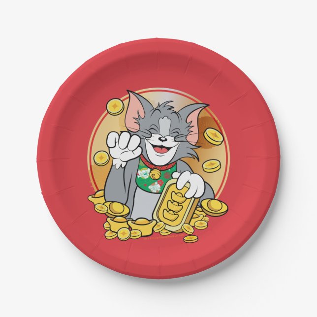 Lucky Cat Jerry With Gold Sycees Paper Plates (Front)