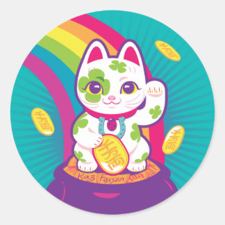 Lucky Cat Maneki Neko Good Luck Pot of Gold Classic Round Sticker