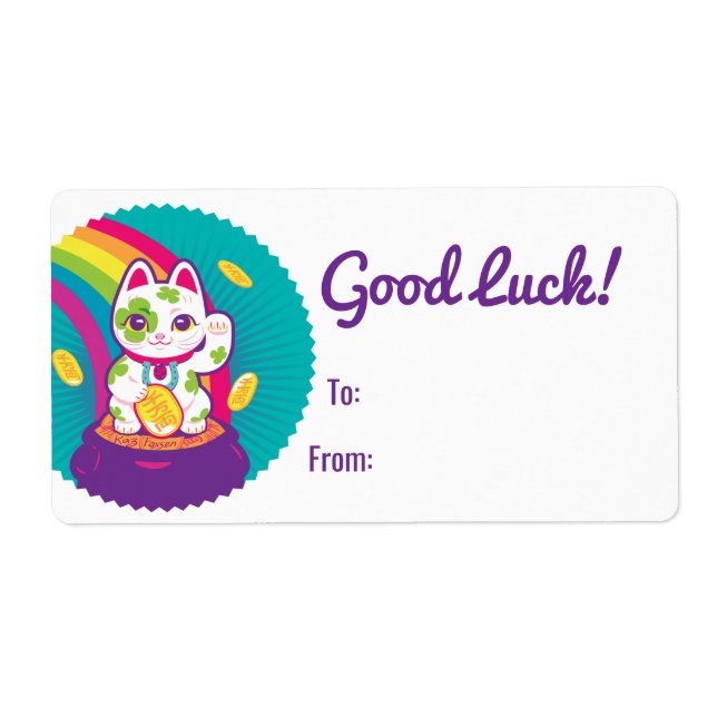 Lucky Cat Maneki Neko Good Luck Pot of Gold Label (Front)