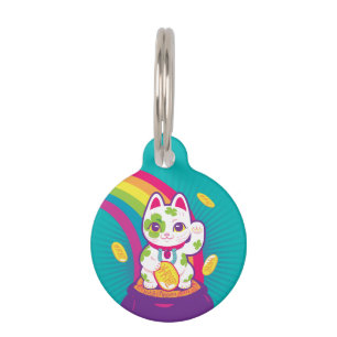 Lucky Cat Maneki Neko Good Luck Pot of Gold Pet Name Tag