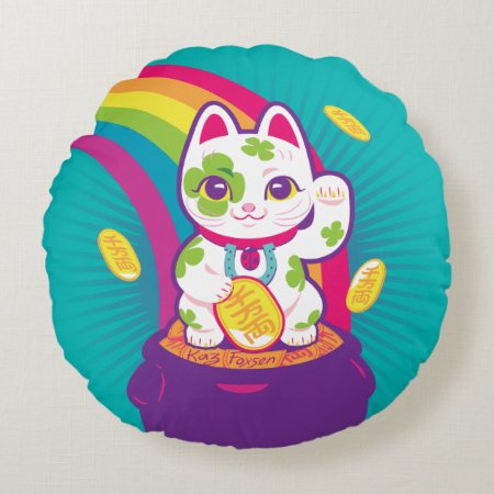 Lucky Cat Maneki Neko Good Luck Pot Of Gold Round Pillow