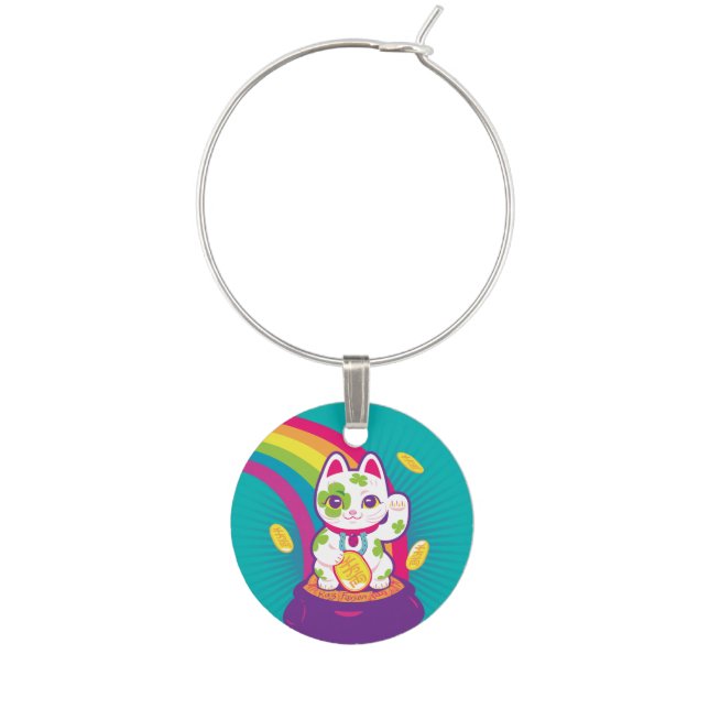 Lucky Cat Maneki Neko Good Luck Pot of Gold Wine Glass Charm (Front)