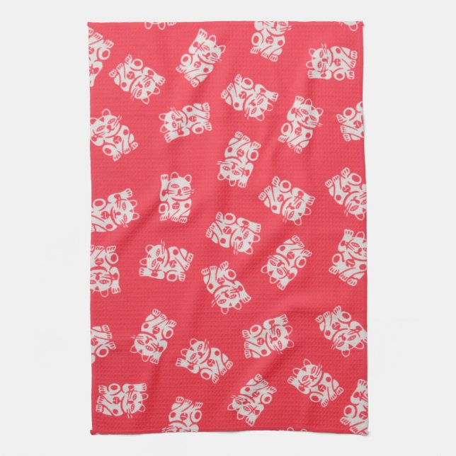 Lucky Cat (Manekineko), Japanese Design Kitchen Towel (Vertical)