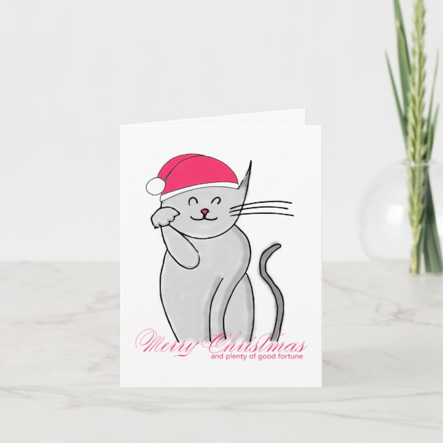 Lucky Cat Merry Christmas & plenty of good fortune Holiday Card (Front)