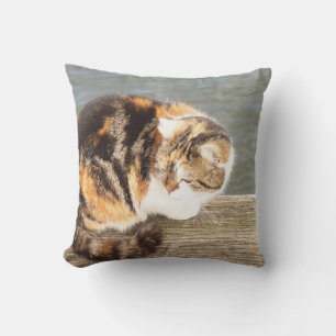 lucky cat, multi-lane on a board at the water throw pillow