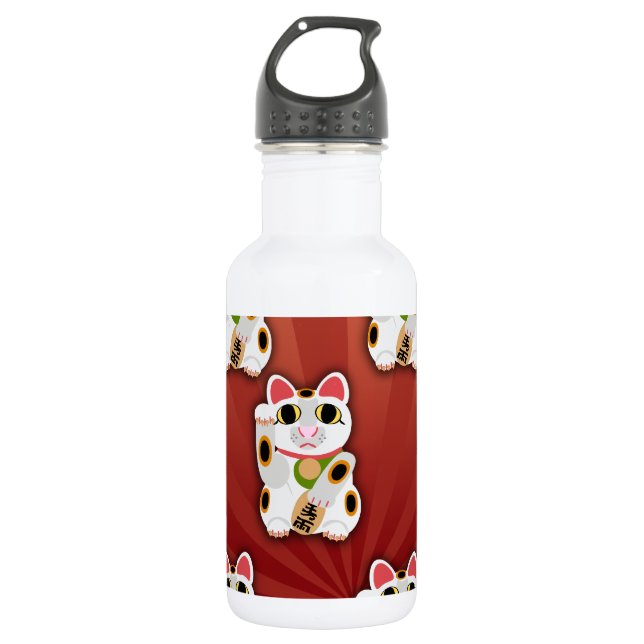 Lucky Cat Pattern Cartoon Fortune Pet White Kitty Water Bottle (Front)