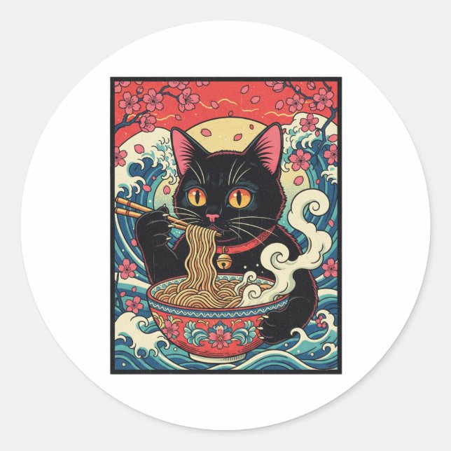Lucky Cat Ramen Noodle Art Classic Round Sticker (Front)