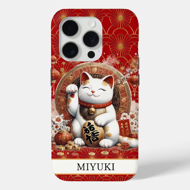 Lucky Cat With Gold Coins Monogrammed Case-Mate iPhone Case (Back)