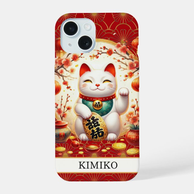 Lucky Cat With Gold Coins On Red Monogrammed iPhone 15 Case (Back)