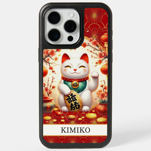 Lucky Cat With Gold Coins On Red Monogrammed iPhone 15 Pro Max Case (Back)