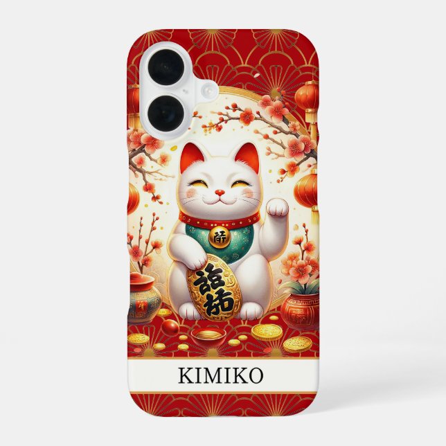Lucky Cat With Gold Coins On Red Monogrammed iPhone Case (Back)