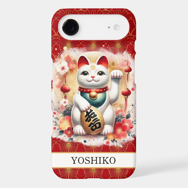 Lucky Cat With Red Flowers Monogrammed Case-Mate iPhone Case (Back)